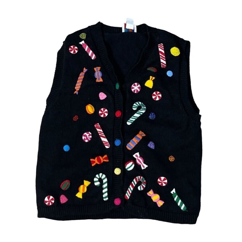 VTG Talbots Kids Christmas Sweater Vest Knit Candy Black Size 16 Colorful Girl's
